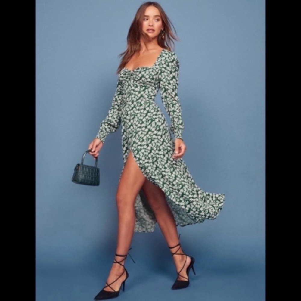 Reformation Hunt Green Floral Sweetheart Midi Dress in Wildflower Cilantro Sz 4